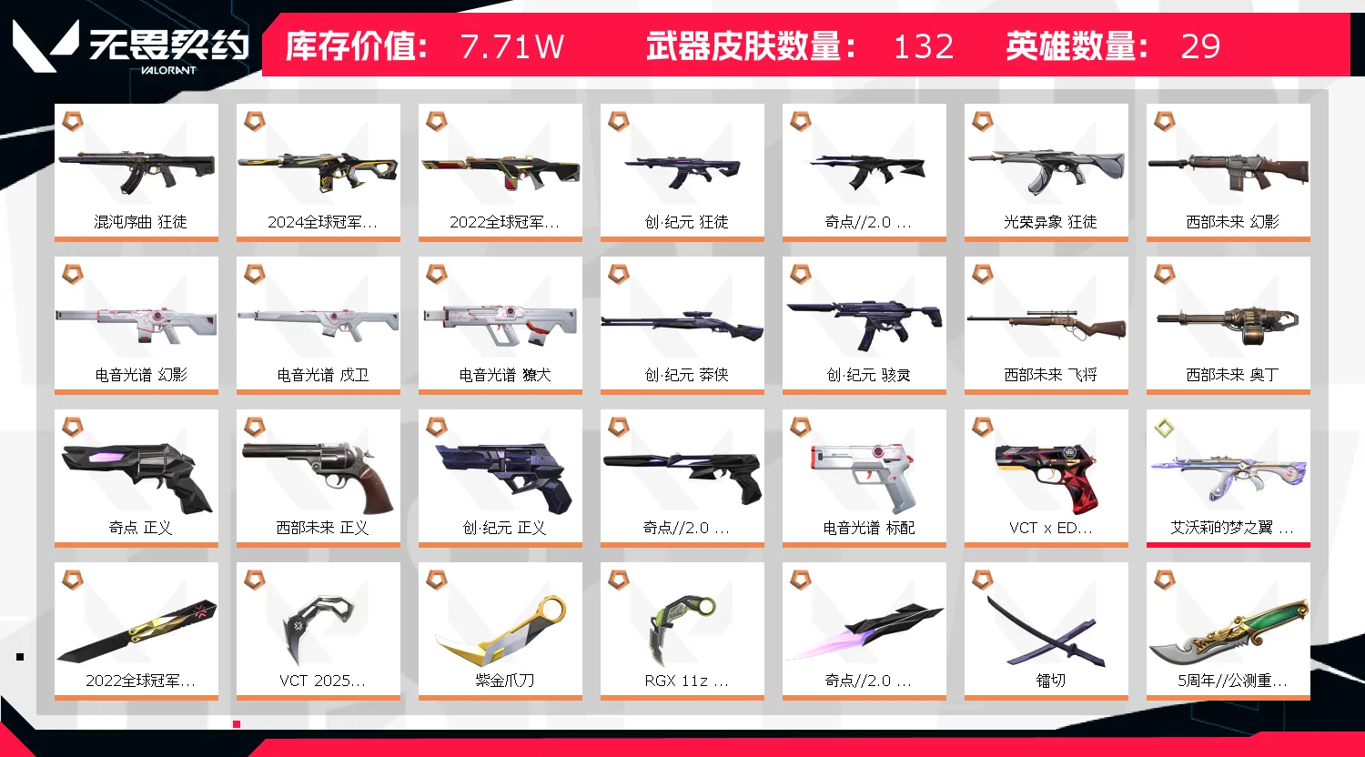 【铂金I】5限定电音光谱套22冠军套24冠军幻影✅紫金RGX30爪刀VCT镭切✅盖亚混沌艾沃莉侦查